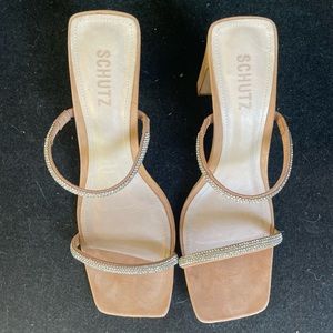 Schutz Salwa Sandal - 9 / Honey Beige / Nubuck & Rhinestone
